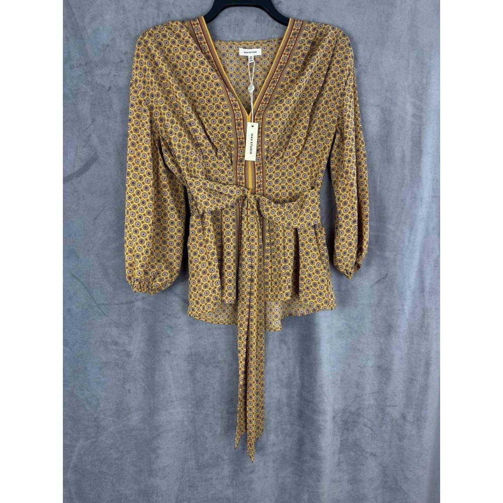Max Studio Blouse Size XS Yellow Geometric Medallion Tie Front Peplum V-Neck NWT